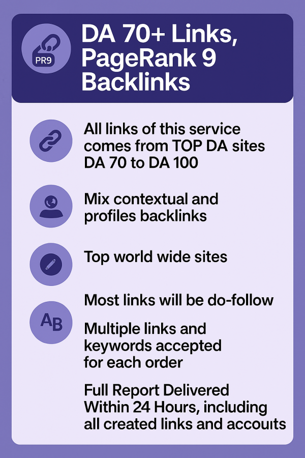 Domain Authority 70 to 100 PageRank 9 Backlinks
